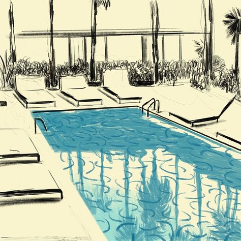 Swimming Pool Drawing, Pool Drawing, Beach Drawing, American Photography, Pool Art, American Illustration, Taehyung Fanart, Meaningful Drawings, Hotel Pool