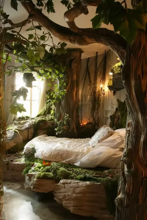 Your bedroom in particular should be calm, relaxing retreats where you can unwind after long days. However, in this fast-paced world, it isn’t always easy to escape from the noise and chaos of daily… #boho #bedroom Nature Room Inspiration, Room That Looks Like A Forest, Forest Grunge Room Aesthetic, Bedroom Ideas Secret Rooms, Forest Loft Bed, Moss Bedroom Aesthetic, Mystical Forest Bedroom, Nature Aesthetic Room Decor, Plant Core Bedroom