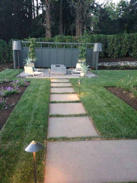 Grass Concrete Pavers, Big Pavers Walkways, Concrete With Grass In Between, Concrete Grass Pavers, Large Square Paver Patio, Pavers In Grass Lawn, Grass And Pavers Backyard Ideas, Paver Sitting Area, Grass With Pavers