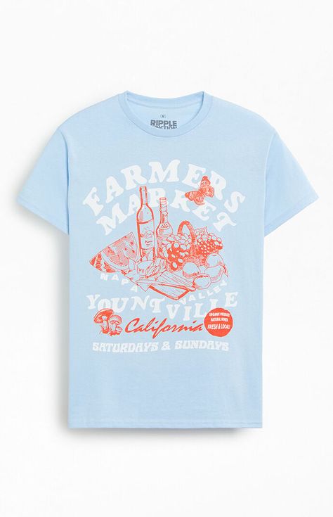 Celebrate local flavors with the Yountville Farmers Market T-Shirt, offering a regular fit, crew neckline, and short sleeves for casual comfort. Emblazoned with a charming graphic inspired by the town's agricultural heritage, this tee is perfect for strolling through markets or enjoying leisurely days in wine country.Crew necklineShort sleevesStandard fitFront graphicMachine washable PacSun Mens Yountville Famers Market T-Shirt - Blue size Large Tee Shirt Designs Graphics, Farmers Market Tshirt, Food Shirt Design, Farmers Market Shirt, Pacsun Mens, Trend Forecast, Wine Shirts, Tee Shirt Designs, Tshirt Art