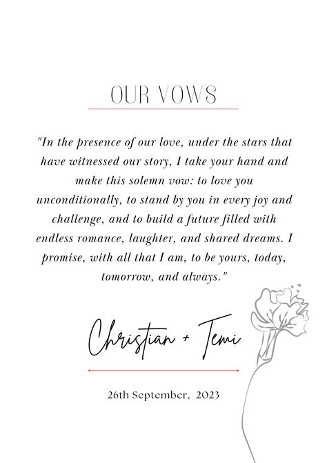 "Elevate your love story with our \"Custom Wedding Vows PDF for Framing.\" This personalised marriage vow art allows you to immortalise your heartfelt promises in a beautifully designed PDF format. With elegant typography and customisable options, you can create a unique piece of wall decor that symbolizes your enduring commitment. Whether you're a newlywed looking to frame your vows or celebrating a milestone anniversary, this digital download adds a touch of romance and sentiment to your home. Download now to transform your wedding vows into a visual masterpiece, keeping your love alive and visible for years to come." Soulmate Wedding Vows, Wedding Vows Design, Examples Of Vows, I Vow To, Handwritten Vows Wedding, Deep Wedding Vows, With This Ring Vows, Spiritual Vows, Her Vows To Him