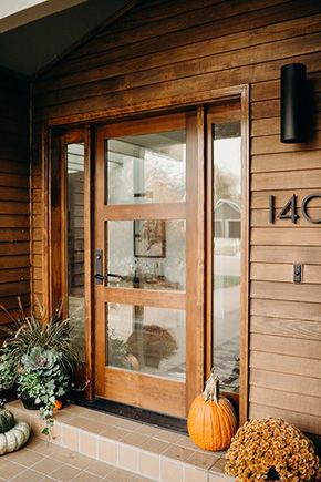 Front Door 3 Panel, Custom Made Front Door, Glass And Wood Door Design, Modern Wood Exterior Door, Contemporary Double Front Entry Doors, Glass Front Door Ideas Modern, Clear Front Door, Interior Wood Doors Modern, Off Centered Front Door