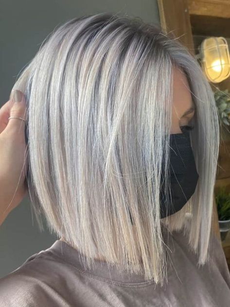 Cool Blonde Hair Color Short, Short Hair Blonde Color Ideas, Blondish Grey Hair Color, Short Blonde Aline Bob, Short Icy Blonde Hair Bob, Icy Blonde Balayage Short Hair, Blonde Lobs Fine Hair, Trendy Silver Hair, Angled Shoulder Length Bob