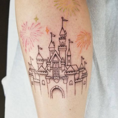 Disney Castle Tattoo, Disney Inspired Tattoos, Disney Sleeve Tattoos, Castle Tattoo, Harry Potter Tattoos, Wolf Tattoos, Friend Tattoos, Disney Castle, Half Sleeve Tattoo