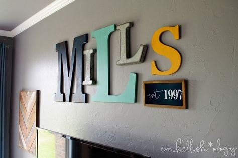 This Fixer Upper inspired wall decor using random letters adds a fun personal touch to our family room. Random Letters, Family Room Remodel, Fixer Upper Inspired, Initial Wall, Family Room Decorating, Living Room Remodel, Family Wall, Family Room Design, Room Remodeling