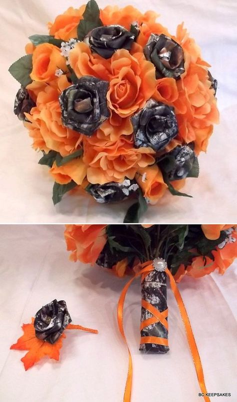 fall camo and orange wedding bouquests and groom boutonniere Camoflauge Wedding, Camo Wedding Decorations, Country Camo Wedding, Wedding Ideas Country, Camo Wedding Dresses, Hunting Wedding, Camouflage Wedding, Country Style Wedding, Camo Wedding