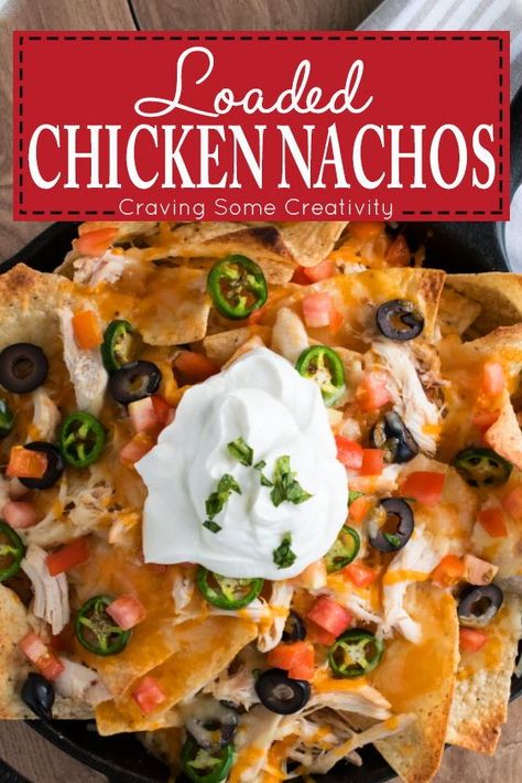 Sheet pan Chicken Nachos - easy recipe with Shredded Chicken, cheese, and all the trimmings for a supreme appetizer or super bowl party food. Chicken Nacho Recipes, Appetizer Nachos, Recipe With Shredded Chicken, Loaded Chicken Nachos, Shredded Chicken Nachos, Super Bowl Party Food, Loaded Chicken, Chicken Nachos Recipe, Easy Nachos