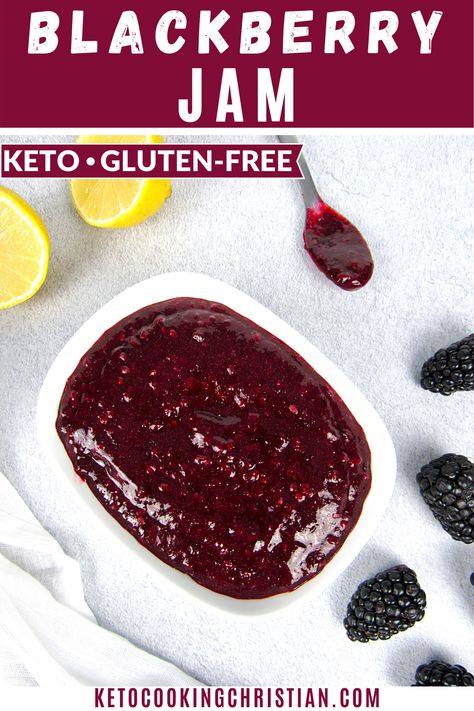 If you have been missing jelly and jam, THIS recipe is for you. This Keto Blackberry jam uses allulose making it the perfect sugar free jam substitute for waffles, for pancakes or with gluten free biscuits! It's even delicious served over Keto icecream. #ketojam #sugarfreejam #ketoblackberryjam Keto Jams And Jellies, Keto Blackberry Jam, Blackberry Recipes Keto, Keto Jam Recipes, Allulose Desserts, Sugar Free Blackberry Jelly Recipe, Sugar Free Jelly Recipes For Canning, Keto Jelly Recipes, Keto Blackberry Recipes