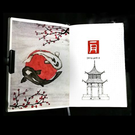 The cover page of January in my Bullet Journal has a Japanese theme featuring koi fish. Bujo Japanese Theme, Japanese Journal Ideas, Bujo Book Theme, Japanese Journal Aesthetic, Japanese Bullet Journal, January Bujo Cover, Bullet Journal Designs, Bullet Journal Japan, Japanese Journal