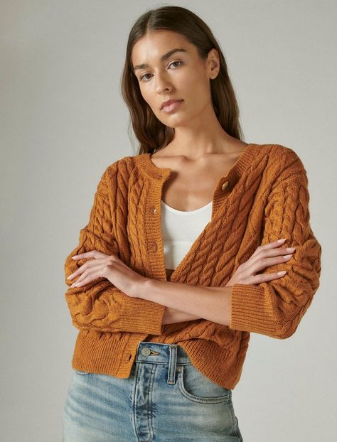 CABLE CARDIGAN TOP | Lucky Brand Cardigans Outfits, Cable Cardigan, Soft Autumn, Cardigan Outfits, Casual Cardigans, Winter Fits, Red Barn, Cardigan Top, High Rise Jeans