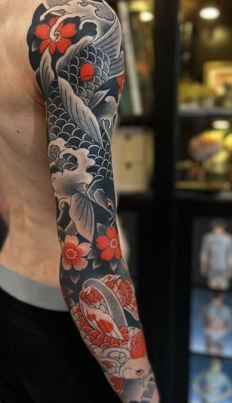 Koi Fish Arm Sleeve, Japanese Sleeve Tattoos Women, Japanese Arm Sleeve, Chinese Sleeve Tattoos, The Elbow Tattoo, Japanese Half Sleeve, Yakuza Style Tattoo, Traditional Japanese Tattoo Sleeve, Samurai Tattoo Sleeve