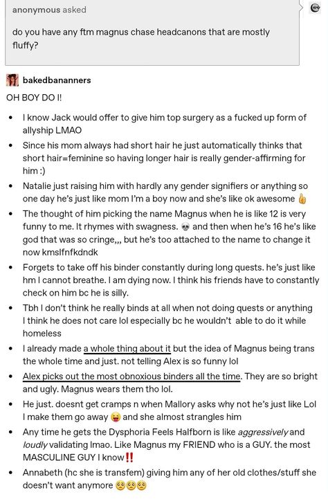 Magnus Chase Headcanon, Trans Magnus Chase, Fierrochase Headcanon, Chasing Quotes, Mythology Stories, Alex Fierro, Rick Riordan Series, Percy Jackson Head Canon, Magnus Chase