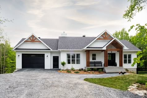 Raised Bungalow Exterior, Front Facing Garage, Hardy Board Siding, Farmhouse Bungalow, Raised Bungalow, Outside House Colors, Modern Bungalow Exterior, Patio Remodel, Ranch Remodel