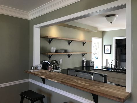 Half Wall Countertop, Kitchen With Wall Cutout, Kitchen Living Room Wall Cutout, Kitchen Bar Open To Living Room, Opening A Wall Between Kitchen, Kitchen Cutout Into Dining Room, Half Wall Bar Between Kitchen And Living Room, Add Bar To Kitchen Counter, Kitchen Wall Cutout Bar