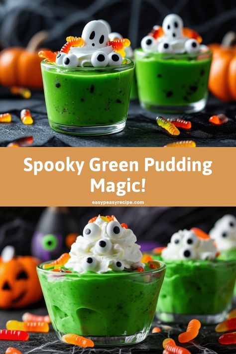 Green pudding cups topped with whipped cream decorated with candy eyeballs and gummy worms in a Halloween-themed setting. Halloween Pudding Cups, Green Pudding, Halloween Pudding, Quick Sweets, Pudding Cup Recipes, Candy Corn Recipe, Allergy Recipes, Easy Zucchini Recipes, Pot Recipes Healthy