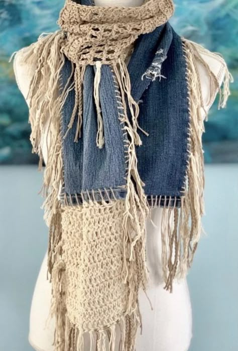 Crochet Scarf Pattern DIY Upcycled Scarf Pattern Boho | Etsy Artisanats Denim, Boho Crochet Patterns, Hair Sports, Bohemian Scarves, شال كروشيه, Crochet Scarf Pattern, Scarf Tutorial, Confection Au Crochet, Blue Jeans Crafts