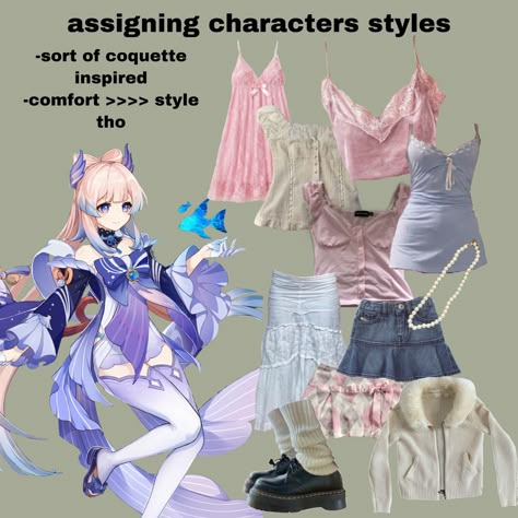 assigning characters styles: kokomi from genshin impact, coquette inspired. Kokomi Clothes Hcs, Kokomi Casual Cosplay, Kokomi Cosplay Outfit, K On Outfits, Kokomi Inspired Outfits, Kokomi Outfit Ideas, Kokomi Casual Outfit, Clothing Hcs For Genshin Characters, Kokomi Headcanons