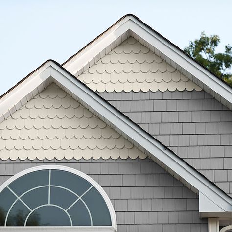 Scalloped Siding Gable, Fish Scale Siding Exterior, Scalloped Trim House Exterior, Scallop Siding Exterior, Scalloped Siding Exterior, Vinyl Siding Ideas Exterior, House Trim Exterior, Georgia Pacific Vinyl Siding, Dutch Lap Vinyl Siding