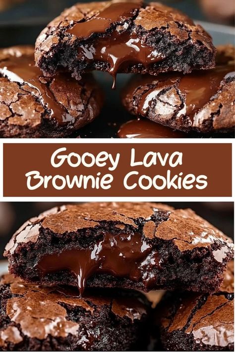 Love gooey chocolate treats? These Chocolate Lava Brownie Cookies are the ultimate indulgence! With a rich, fudgy center that oozes molten chocolate with every bite, they’re perfect for any dessert lover. Ideal for parties, special occasions, or simply satisfying your sweet tooth. Ready to enjoy this chocolatey goodness? Bake them today and experience a cookie like no other! 🍫🍪 Gf Brownie Cookies, Lava Brownies Molten, Gooey Chocolate Lava Cookies, Lava Chocolate Chip Cookies, The Best Chocolate Brownie Cookies, Lava Cookies Recipe, Moist Chocolate Cookies, Gooey Brownie Cookies, Chocolate Dessert Recipes Homemade