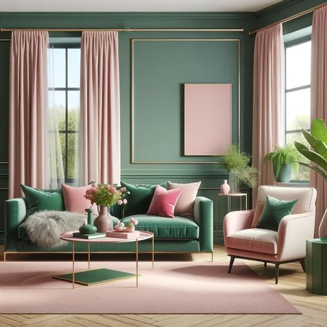 blush pink and emerald green living room Blush Color Living Room, Emerald Green Pink And Gold Living Room, Green Walls Pink Curtains, Pink And Green Decor Living Room, Dark Green And Pink Living Room, Green And Pink Living Room Ideas, Pink And Green Living Room Decor, Green And Coral Living Room, Sage Green And Pink Living Room