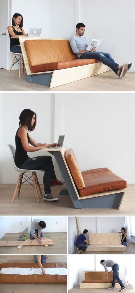 This tutorial for a DIY modern couch teaches you how to create a couch with a wood frame and leather cushions that also doubles as a desk. Koti Diy, Diy Projects Plans, Diy Couch, Modern Couch, Diy Sofa, Diy Furniture Couch, Pallet Ideas, Diy Furniture Projects, Diy Pallet