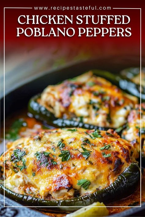 These flavorful Chicken Stuffed Poblano Peppers are the perfect blend of smoky roasted peppers, seasoned chicken, creamy sour cream, and melted cheese. A hearty yet healthy dinner option that is easy to prepare and packed with flavor! Pablano Pepper Recipe, Poblano Pepper Recipes, Chicken Stuffed Poblano Peppers, Chicken Stuffed Poblano, Poblano Chicken, Poblano Peppers Recipes, Stuffed Poblanos, Poblano Pepper, Recipes With Chicken And Peppers