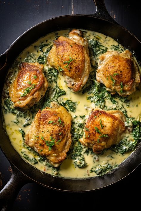 Delicious Keto Chicken Thighs with Creamy Spinach Sauce: A Low-Carb Recipe Guide #ketodiet #ketorecipes #lowcarb Chicken Thighs Keto Recipes, Chicken Thighs Spinach Recipes, Chicken Thigh Spinach Recipes, Chicken Thigh And Spinach Recipes, Keto Recipes With Spinach, Low Carb Chicken Thigh Recipes Crockpot, Chicken Thigh Recipes Keto Low Carb, Keto Chicken Thighs Boneless, Chicken Thigh Keto Recipe