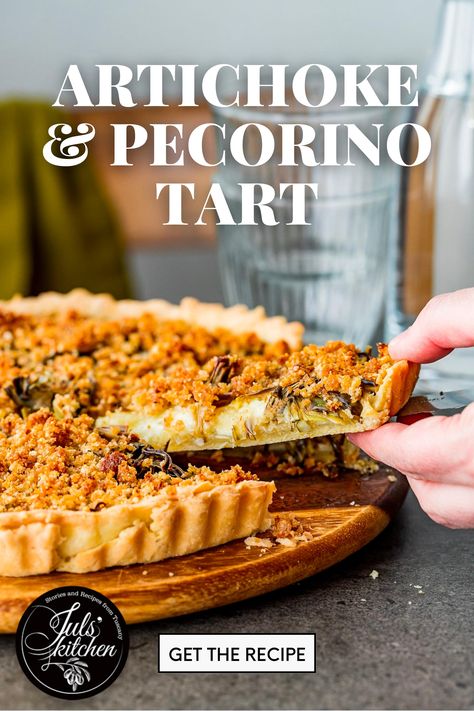 A person slicing a piece of artichoke tart to be served with text "Artichoke and Pecorino Tart, get the recipe." Artichoke Tart, Spring Tart, Easter Pie, Tuscan Recipes, Spring Recipe, Pie Crumble, Winter To Spring, Savory Tart, Tart Recipe