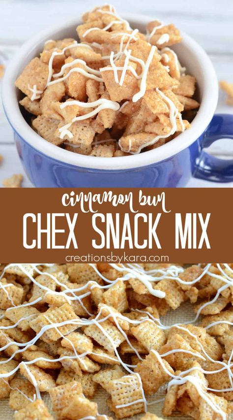 Recipe for sweet and crunchy Cinnamon Roll Chex Mix. Sure to be a hit at any party! A delightful cinnamon sugar treat. #chexmix #cinnamonrollchexmix #snackmix #snackrecipe -from creationsbykara.com Cinnamon Chex Recipes, Cinnamon Chex Mix Recipes, Cinnamon Chex Mix, Chex Snack Mix, Chex Recipes, Cinnamon Chex, Christmas Snack Mix, Crispy Treats Recipe, Chex Mix Recipe