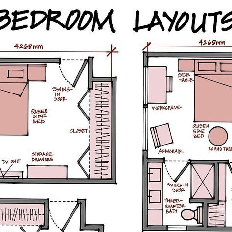 07sketches-Architecture&Design on Instagram: "Bedroom layouts with different configurations and furniture layouts. Visit profile for more architecture and design tips." Bedroom Setup Ideas Layout, 2023 Bedroom, Bedroom Layout Design, Instagram Bedroom, Bedroom Layout, Bedroom Setup, Queen Platform Bed, Closet Size, October 7