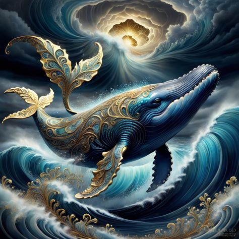 A majestic whale adorned with intricate golden patterns leaps from the churning ocean waves under a swirling sky. Its flippers and tail fins feature elaborate designs that shimmer against the deep blue hues of the sea Fantasy Whale, Stormy Ocean, Whale Tale, Phoenix Tattoo Design, Gold Poster, Golden Pattern, Phoenix Tattoo, Acrylic Artwork, Humpback Whale