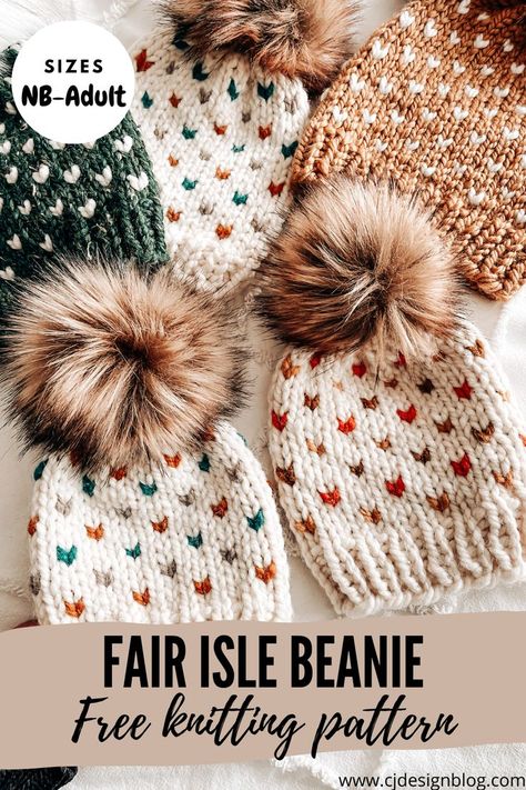 Free pattern + video tutorial. Learn how to knit this beautiful hat in all sizes, from Newborn to Adult! Xmas Knitting, Fair Isle Knitting Patterns Free, Cj Design, Fair Isle Hat Pattern, Fair Isle Beanie, Fair Isle Crochet, Hats Crochet, Baby Hat Knitting Pattern, Knitting Patterns Free Hats