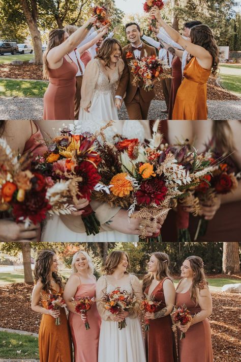 Idaho Boho Fall Backyard Wedding | Candid Bridal Party Photos | Kat Nielsen Photography | It was so much fun documenting this earthy wedding in Couer d’Alene Idaho! I was in awe with all the fall wedding suits for men! Get inspiration for fall elopement ideas, bohemian wedding photography, boho wedding ring, and backyard wedding backdrop! Book Kat for your adventure wedding photos or intimate elopement photos at katnielsenphotography.com! Boho Fall Wedding Bridal Party, Fall Wedding After Party, October Wedding Photos, Fall Wedding Suits For Men, Fall Wedding Pics, Backyard Wedding Backdrop, Fall Wedding Bridesmaid Dresses, Bohemian Wedding Photography, Bohemian Fall Wedding