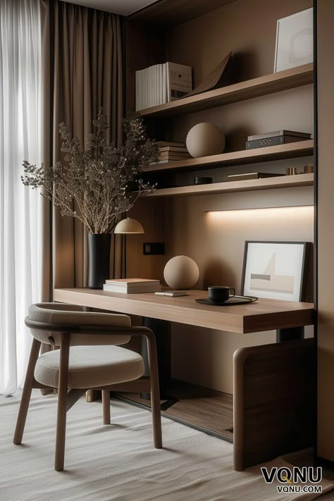 At Home Office Inspiration, Home Office Design Minimalist, Home Office Contemporary, In Bedroom Office, Design Home Ideas Modern, Office At Home Ideas, Bedroom With Workspace, Minimalistic Office Design, Bedroom Workspace Ideas