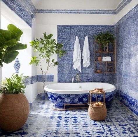 blue and white interior design Santorini Interior Design Bathroom, Greek Interior Design Bathroom, Greek Blue Bathroom, Greek Island Bathroom, Portugal Tiles Bathroom, Greece Style Bathroom, Greek Home Decor Interior Design, Blue And White Interior Design, Greek Bathroom