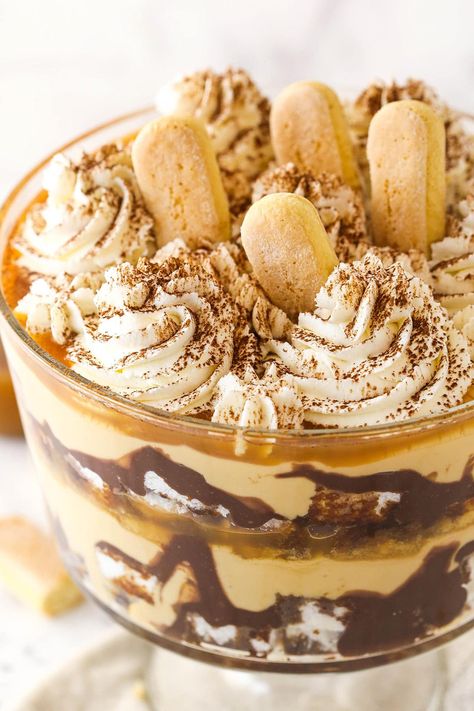 Easy Tiramisu Trifle, Italian Trifle Desserts, Caramel Apple Trifle Recipe, Salted Caramel Trifle, Snickerdoodle Trifle, Maple Tiramisu, Layered Pudding Desserts, Triffle Desserts Simple, Dessert Trifle Recipes