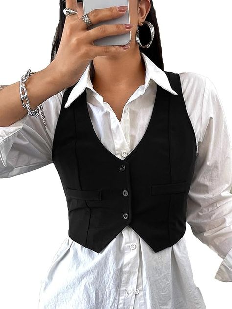 SweatyRocks Women's Solid Button Front Crop Waistcoat V Neck Sleeveless Blazers Black L at Amazon Women’s Clothing store Colure Pallet, Mafia Outfit Ideas, Black Waistcoat Outfit Women, Waistcoat Outfit Women, Soft Summer Style, Sleeveless Top Outfit, Tops For Women Stylish, Mobile Bartending, Waistcoat Outfit