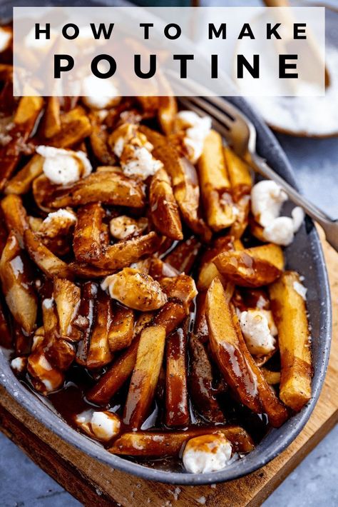 Sometimes simple is best, and this Poutine Recipe - made from twice-cooked fries, topped with rich, meaty gravy and finished with gooey cheese is the perfect answer. Simple, delicious comfort food.   #poutine #chips #twicecookedfries #meatgravy #canadianfood Poutine Recipe Beef, Poutine Gravy Recipe, Chips And Gravy, Poutine Recipes, Poutine Gravy, Canada Recipes, Canadian Poutine, Poutine Fries, Gravy Fries