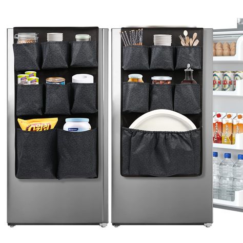 PRICES MAY VARY. SUITABLE SIZE - This over the fridge storage organizer dorm made of breathable non-woven fabrics, include 15 big pockets, The mini fridge storage measures 65 x12.6 in, suitable for mini household refrigerators less than 22 inches in length SAVE SPACE - Refrigerator hanging bag hangs on two sides of the fridge.Unique suspension design maximizes space utilization, you can sort the items into our mini fridge caddy hanging organizer which not take up space and make the space look mo Dorm Snack Organization, Dorm Room Space Saving Ideas, Dorm Food Storage, Over The Fridge Storage, Mini Fridge Organization, Motorhome Life, Dorm Snacks, Pink Mini Fridge, Over The Fridge