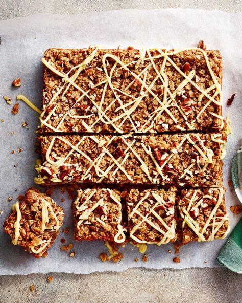 Oaty maple and pecan flapjacks | delicious. magazine Pecan Bites, Flapjack Recipe, Afternoon Tea Recipes, Dessert Recipes For Kids, Delicious Magazine, Crunchy Pecans, Oats Recipes, Easy Baking Recipes, Granola Bars