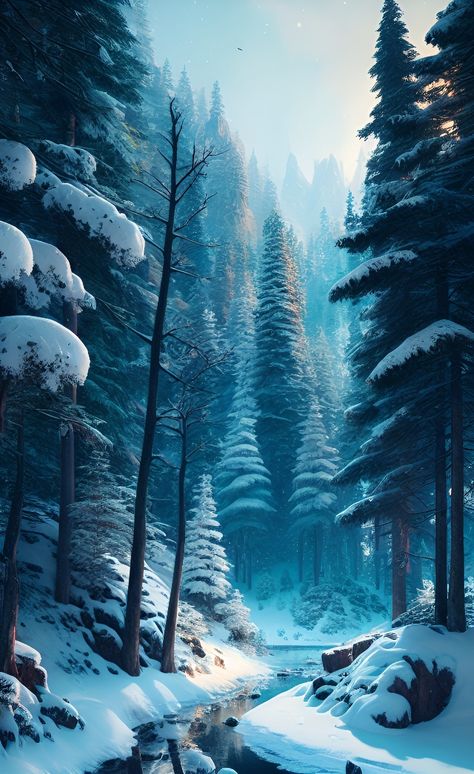 Fantasy Snowy Landscape, Snow Forest Art, Acrylic Art Ideas, Beautiful Acrylic Painting, Holiday Landscape, Snow Nature, Snowy Forest, Fantasy Places, Cool Wallpapers Art