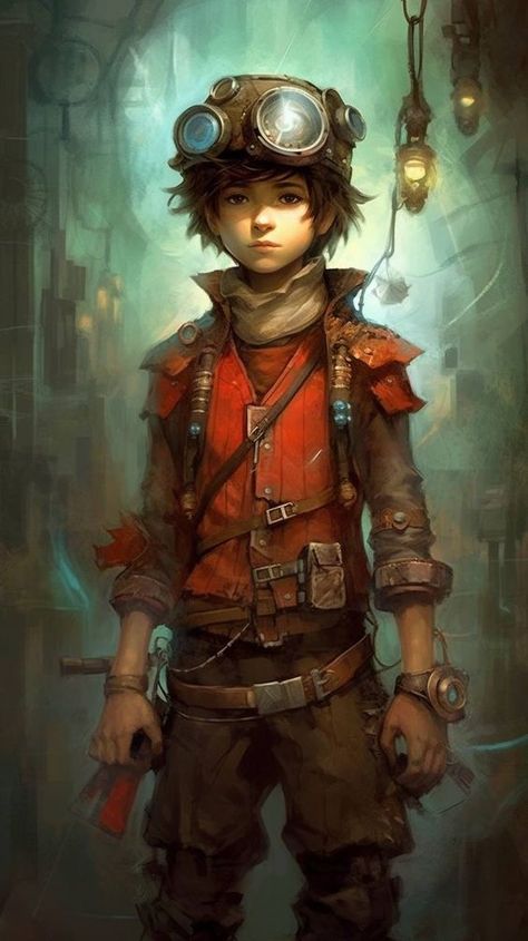 Mechanic Fantasy Art, Dnd Mechanic, Fantasy Mechanic, Steampunk Cartoon, Steampunk Character Art, Steampunk Boy, Steampunk Character Design, Steampunk Engineer, Punk Character Design