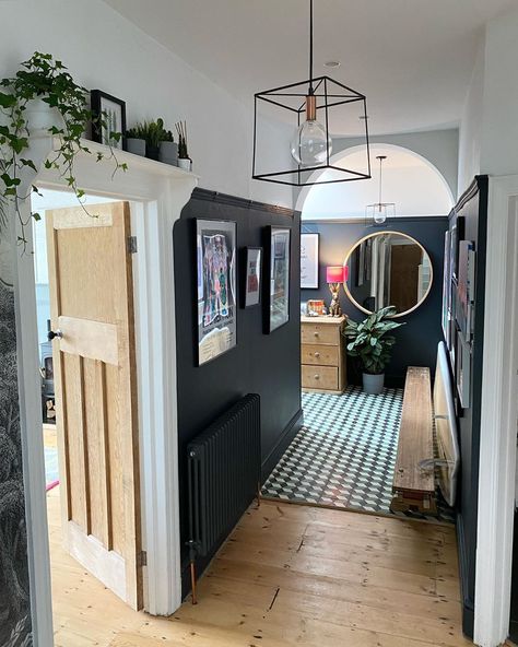 French Gray Hallway, Black Wood Work Hallway, Hallway Two Colours, Black White Hallway, Feature Wall Hallway, Greenhouse Makeover, Victorian Hallways, Long Narrow Hallway Ideas, Scandi Hallway