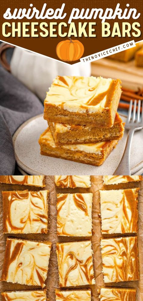 Swirled Pumpkin Cheesecake Bars, thanksgiving desserts, holiday baking recipes Pumpkin Cheesecake Swirl Bars, Pumpkin Cheesecake Bars No Bake, Pumpkin Deserts Easy, Pumpkin Cheesecake Bars Easy, Swirled Cheesecake, Pumpkin Cream Cheese Bars, Cheesecake Topping, Cheesecake Bars Easy, Bars Dessert