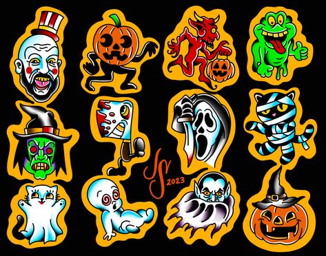 Tattoo Flash Color, Halloween Tattoo Flash Sheet, American Traditional Halloween, Traditional Halloween Tattoo Flash, Spooky Tattoo Flash, Traditional Halloween Tattoo, Halloween Tattoo Flash, Halloween Flash, Cowgirl Tattoos