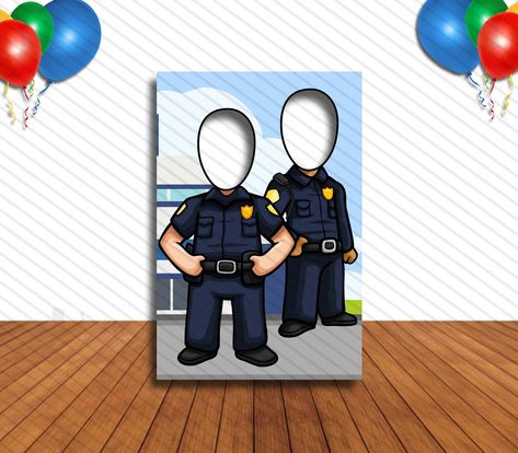 "▁ ▂ ▄ ▅ ▆ ▇ █ [ [PLEASE READ BELOW ] █ ▇ ▆ ▅ ▄ ▂ ▁ This listing is for a 24\" x 36\" Inch Policeman hole in face or face cut out banner printed on Fabric. Grommets are optional . We print it, mail it to you in a tube and you glue it to a cardboard or foam core board yourself or hang it with string through the grommets. If you plan on gluing it to a board its probably best to order without grommets.  This banner is professionally printed on heavyweight sturdy fabric. We sell  3 sizes: 24\" x 36\ Party Selfie, Face Cut Out, Firefighter Decor, Face In Hole, Core Board, School Jobs, Face Cut, Muppet Babies, Policeman