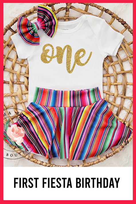 First fiesta birthday outfit, one birthday onesie. Serape print skirt with a matching hair bow. One Year Fiesta Birthday, First Birthday Fiesta Theme, Three Esta Birthday Outfit, Cinco De Mayo First Birthday Girl, First Birthday Cinco De Mayo Theme, First Fiesta Birthday Girl, Birthday Party 1 Year, First Fiesta Birthday Outfit, My First Fiesta