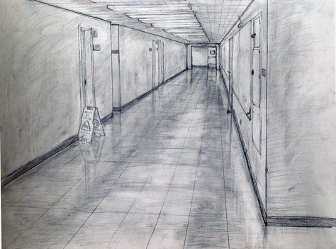 1 point perspective hallway by freakndemon on deviantART Hallway Reference Drawing, Hallway Perspective, Hallway Drawing, Linear Perspective Drawing, Art Therapy Benefits, 1 Point Perspective Drawing, Sustained Investigation, Linear Perspective, Perspective Drawings