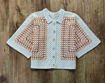 Square Cardigan Pattern, Granny Square Cardigan Pattern, Crochet Shirt Pattern, Granny Square Hexagon, Hexagon Cardigan, Collar Shirts Women, Granny Square Cardigan, Square Cardigan, Crochet Tank Tops