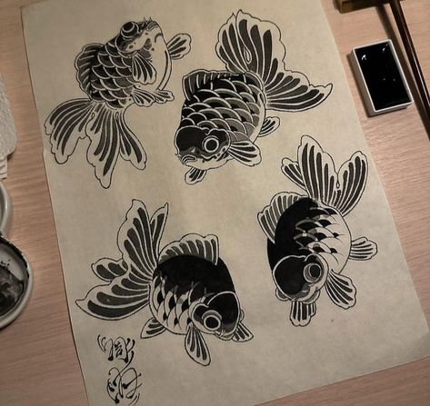 Goldfish Tattoo Black And White, Tattoo Sleeve Neo Traditional, Traditional Ghibli Tattoo, Japanese Arm Tattoos For Women, Portfolio Tattoo Book, Woodblock Print Tattoo, Gold Fish Tattoo Design, Traditional Tattoo Fish, Wood Block Tattoo